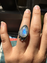 Load image into Gallery viewer, Moonstone pear ring with beaded border and loops - size 6