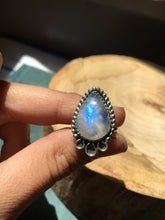 Load image into Gallery viewer, Moonstone pear ring with beaded border and loops - size 6