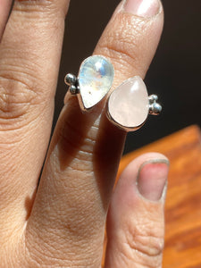 Rose Quartz and Rainbow Moonstone Double Ring: size 6-7