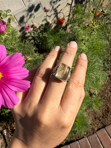 Chunky Gold Rutilated Quartz Wide Band Ring - size 8 (fits like 7.5/8)
