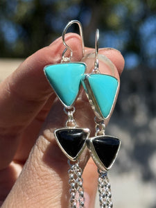 Double Triangle Chain Earrings - Turquoise and Onyx
