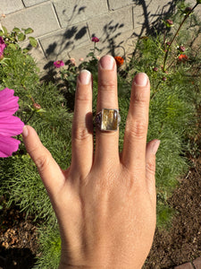 Chunky Gold Rutilated Quartz Wide Band Ring - size 8 (fits like 7.5/8)