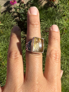 Chunky Gold Rutilated Quartz Wide Band Ring - size 8 (fits like 7.5/8)