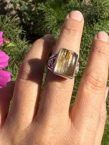 Chunky Gold Rutilated Quartz Wide Band Ring - size 8 (fits like 7.5/8)