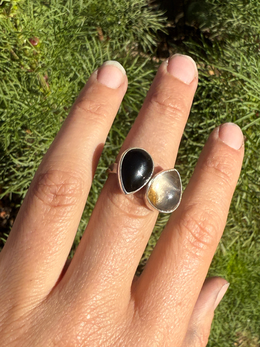Gold Rutilated Quartz and Black Onyx Double Ring—size 8.25