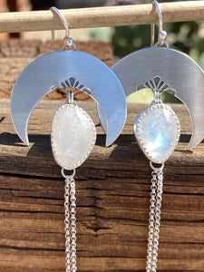 Geometric Moonstone Crescent Moon Chain Dangles