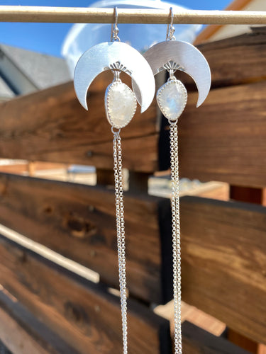 Geometric Moonstone Crescent Moon Chain Dangles