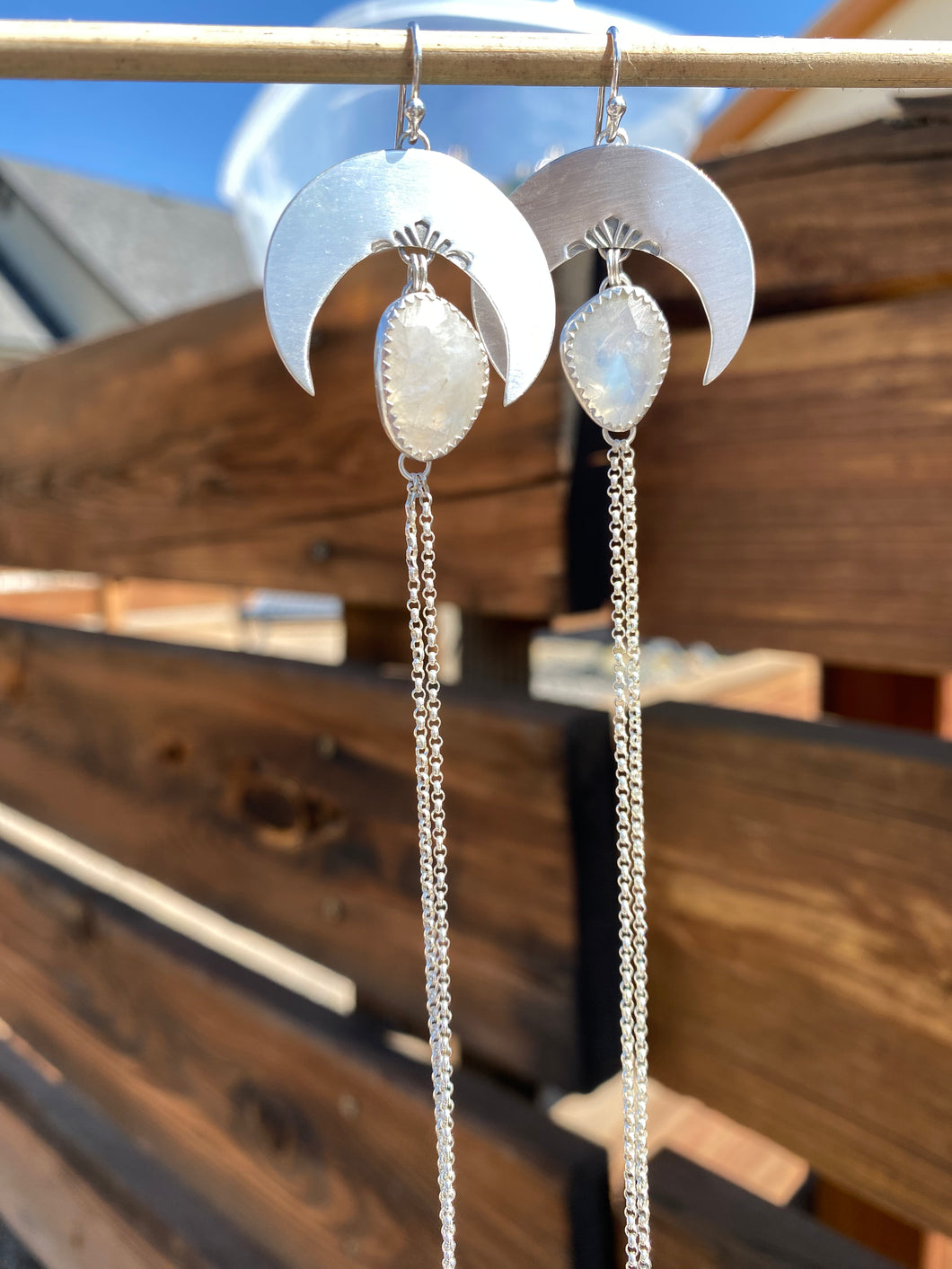 Geometric Moonstone Crescent Moon Chain Dangles