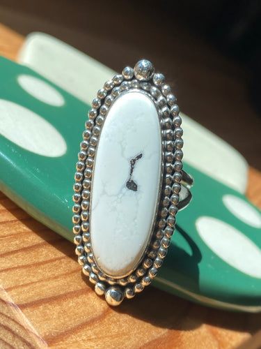 Double Bead Border White Buffalo Ring—Size 7