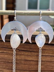 Geometric Moonstone Crescent Moon Chain Dangles