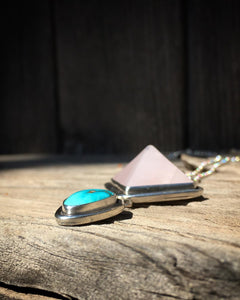 Rose quartz pyramid with Sierra Nevada turquoise necklace
