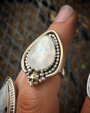 Load image into Gallery viewer, Brass skull Yellow flash moonstone ring - size 6/6.25