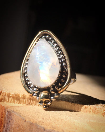 Brass skull Yellow flash moonstone ring - size 6/6.25