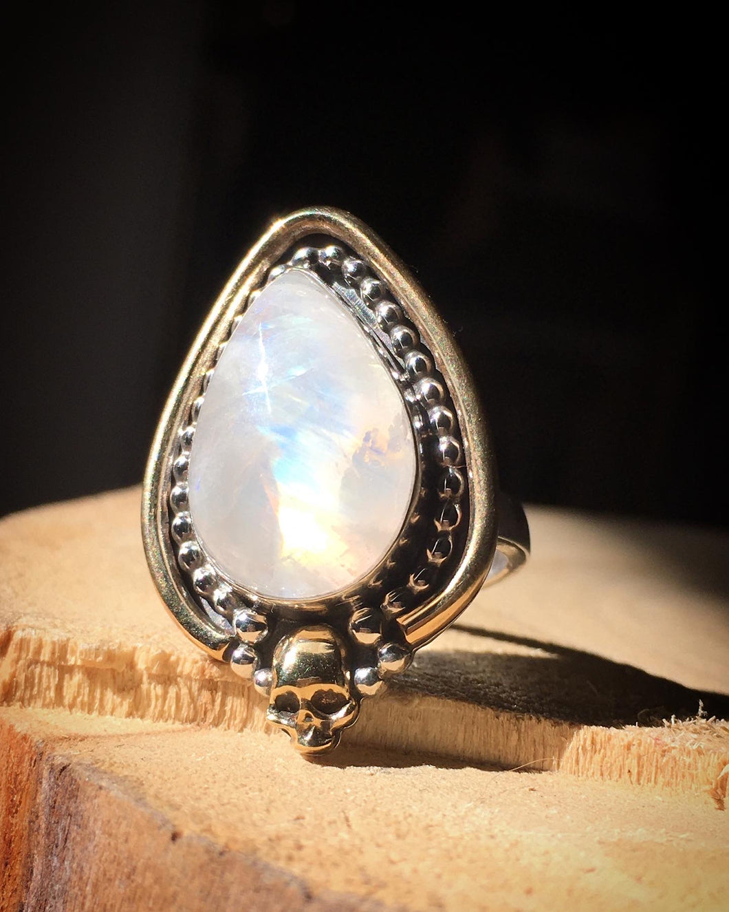 Brass skull Yellow flash moonstone ring - size 6/6.25