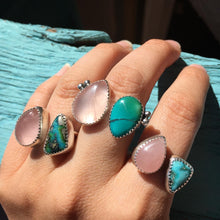 Load image into Gallery viewer, Shimmery rose quartz and teal Hubei turquoise double ring - size 8-9