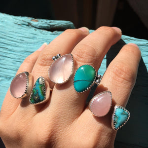 Shimmery rose quartz and teal Hubei turquoise double ring - size 8-9
