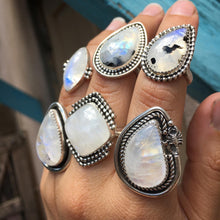 Load image into Gallery viewer, Long teardrop moonstone (rainbow flash+black tourmaline) ring - size 8.5