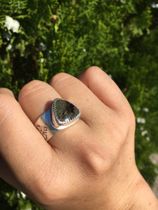 Wide stamped band Sky Song turquoise ring - size 9-9.5
