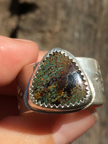 Wide stamped band Sky Song turquoise ring - size 9-9.5