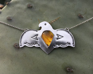 Stamped Eagle necklace with amber