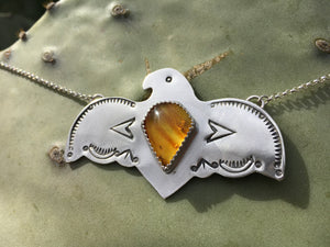 Stamped Eagle necklace with amber