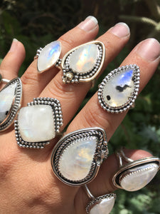 Brass skull Yellow flash moonstone ring - size 6/6.25