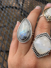 Load image into Gallery viewer, Long teardrop moonstone (rainbow flash+black tourmaline) ring - size 8.5