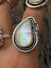 Load image into Gallery viewer, Rainbow Moonstone with Scorpion statement ring - size 7.5