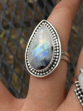 Load image into Gallery viewer, Long teardrop moonstone (rainbow flash+black tourmaline) ring - size 8.5