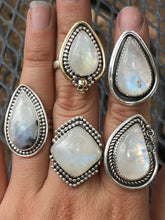 Load image into Gallery viewer, Long teardrop moonstone (rainbow flash+black tourmaline) ring - size 8.5