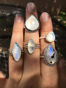 Plump Moonstone Pear ring with Chain detail - size 7.5