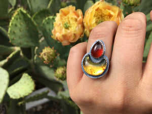 Mexican amber moon and red garnet ring - size 6.5
