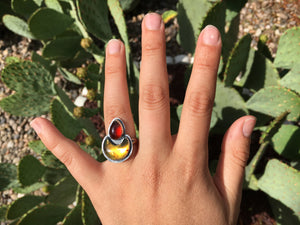 Mexican amber moon and red garnet ring - size 6.5