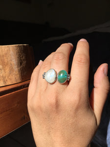 Rose cut Moonstone and Hubei turquoise DBL ring - size 8/9