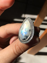 Load image into Gallery viewer, Long teardrop moonstone (rainbow flash+black tourmaline) ring - size 8.5