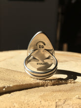 Load image into Gallery viewer, Long teardrop moonstone (rainbow flash+black tourmaline) ring - size 8.5