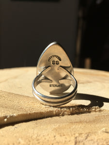 Long teardrop moonstone (rainbow flash+black tourmaline) ring - size 8.5