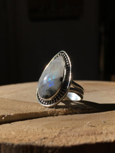 Long teardrop moonstone (rainbow flash+black tourmaline) ring - size 8.5