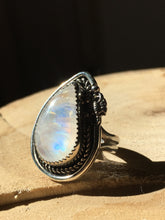 Load image into Gallery viewer, Rainbow Moonstone with Scorpion statement ring - size 7.5