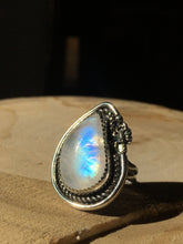 Load image into Gallery viewer, Rainbow Moonstone with Scorpion statement ring - size 7.5