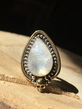 Load image into Gallery viewer, Brass skull Yellow flash moonstone ring - size 6/6.25