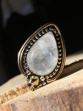 Load image into Gallery viewer, Brass skull Yellow flash moonstone ring - size 6/6.25