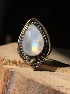 Brass skull Yellow flash moonstone ring - size 6/6.25