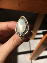Load image into Gallery viewer, Brass skull Yellow flash moonstone ring - size 6/6.25