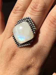 Square moonstone with beaded wire details ring - size 9