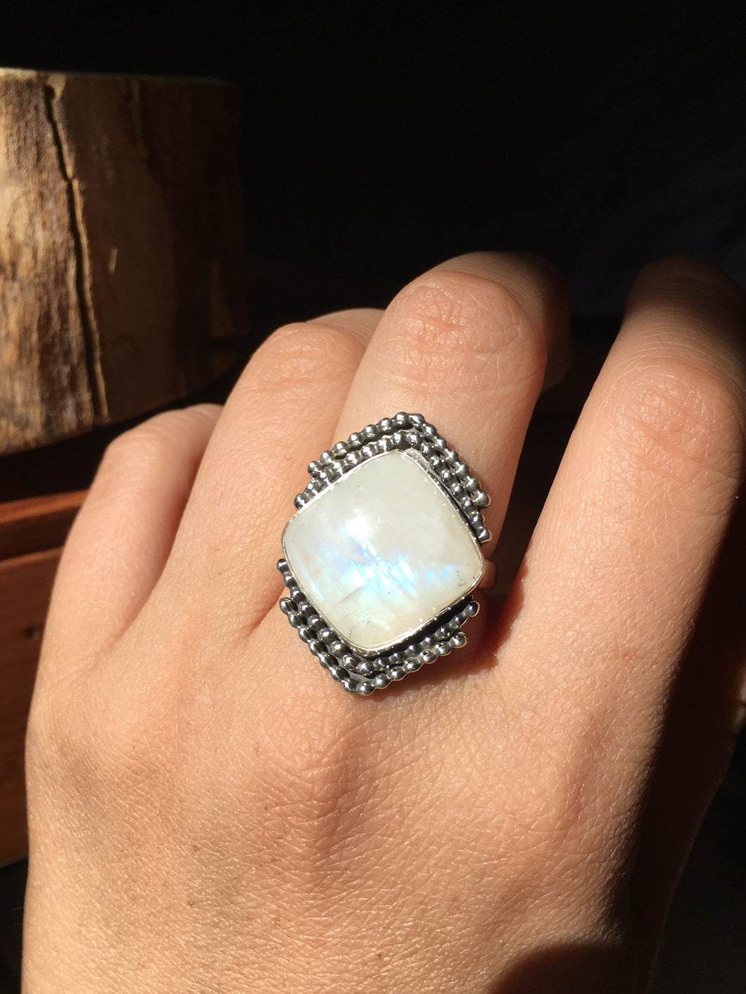 Square moonstone with beaded wire details ring - size 9