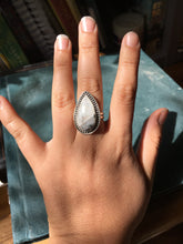 Load image into Gallery viewer, Long teardrop moonstone (rainbow flash+black tourmaline) ring - size 8.5