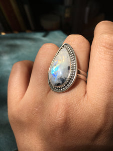 Long teardrop moonstone (rainbow flash+black tourmaline) ring - size 8.5