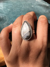 Load image into Gallery viewer, Long teardrop moonstone (rainbow flash+black tourmaline) ring - size 8.5
