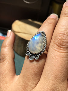 Moonstone pear ring with beaded border and loops - size 6